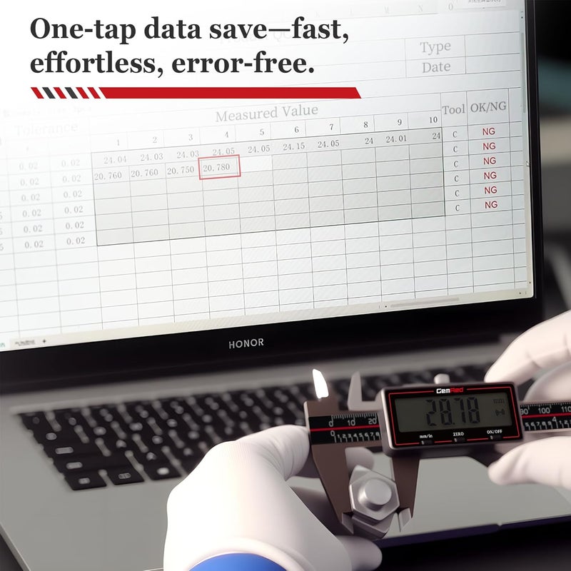 GemRed Wireless 6 Inch Digital Caliper for Woodworking/Machining/DIY/ 3D-Printing - Stainless Steel Electronic Micrometer with Excel Data Transfer, Large LCD Display, Auto-Off - Image 3